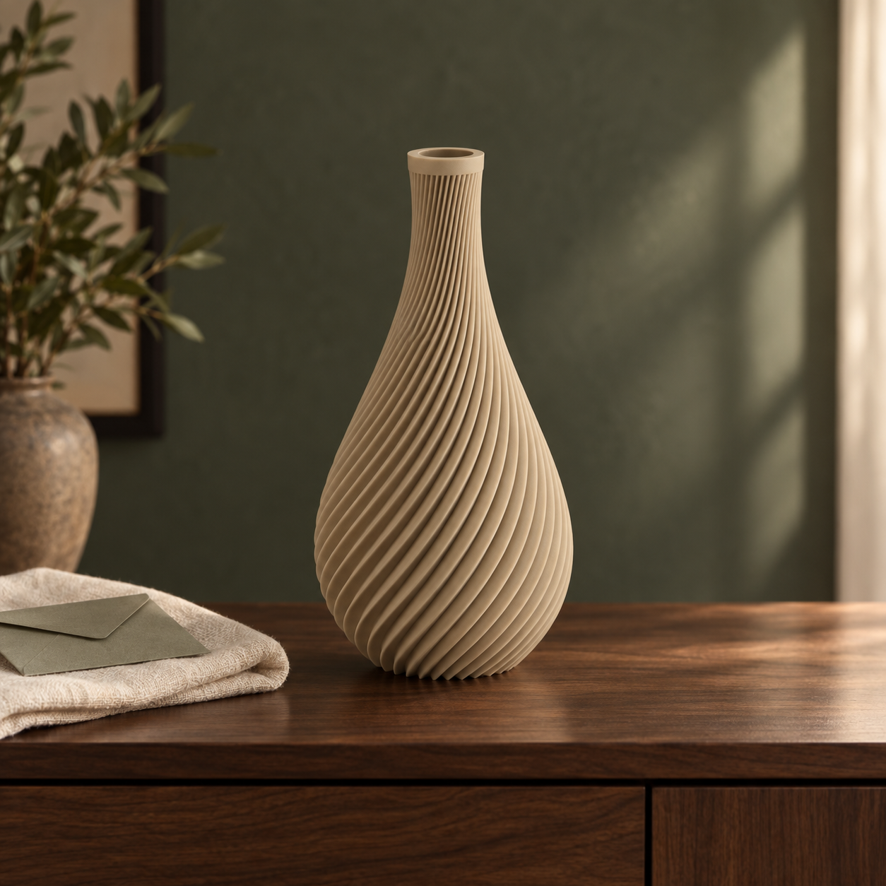 Vaso Ginevra tortora su una consolle in legno, con lino e una busta verde salvia