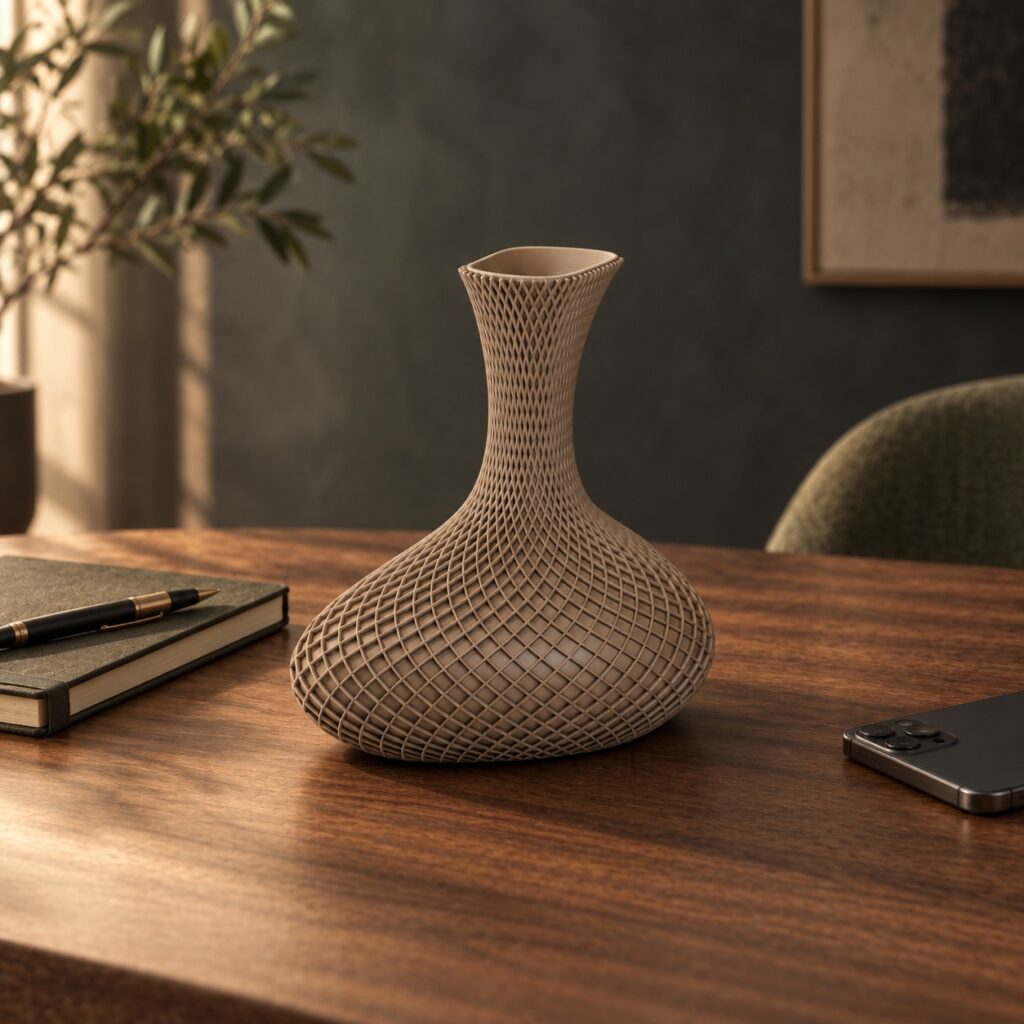 Vaso Argegno tortora su una scrivania con taccuino e telefono, ambientazione per i contatti Vasetto3D