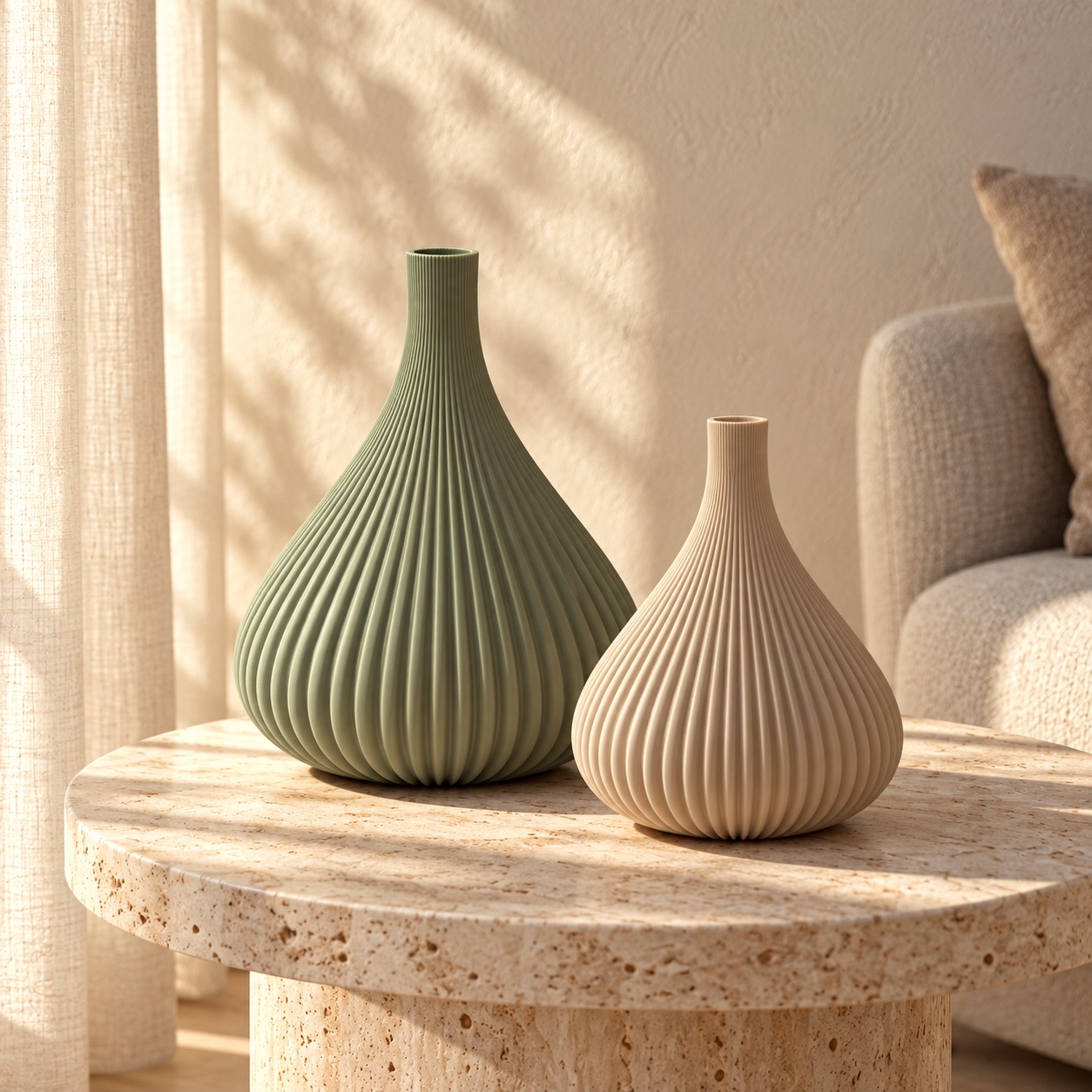 Due vasi Vanessa in verde salvia e beige in un ambiente luminoso